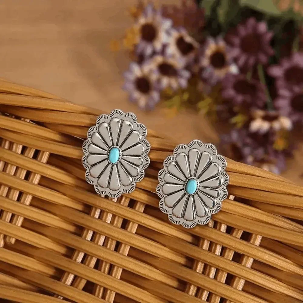 Western Silver Turquoise Concho Stud Earrings